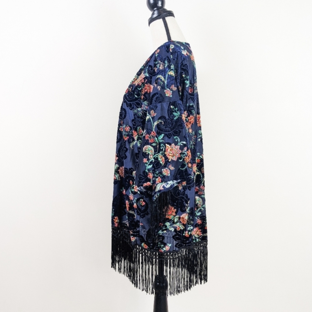 Fringed Velvet Burnout Floral Kimono - Picture 3 of 6